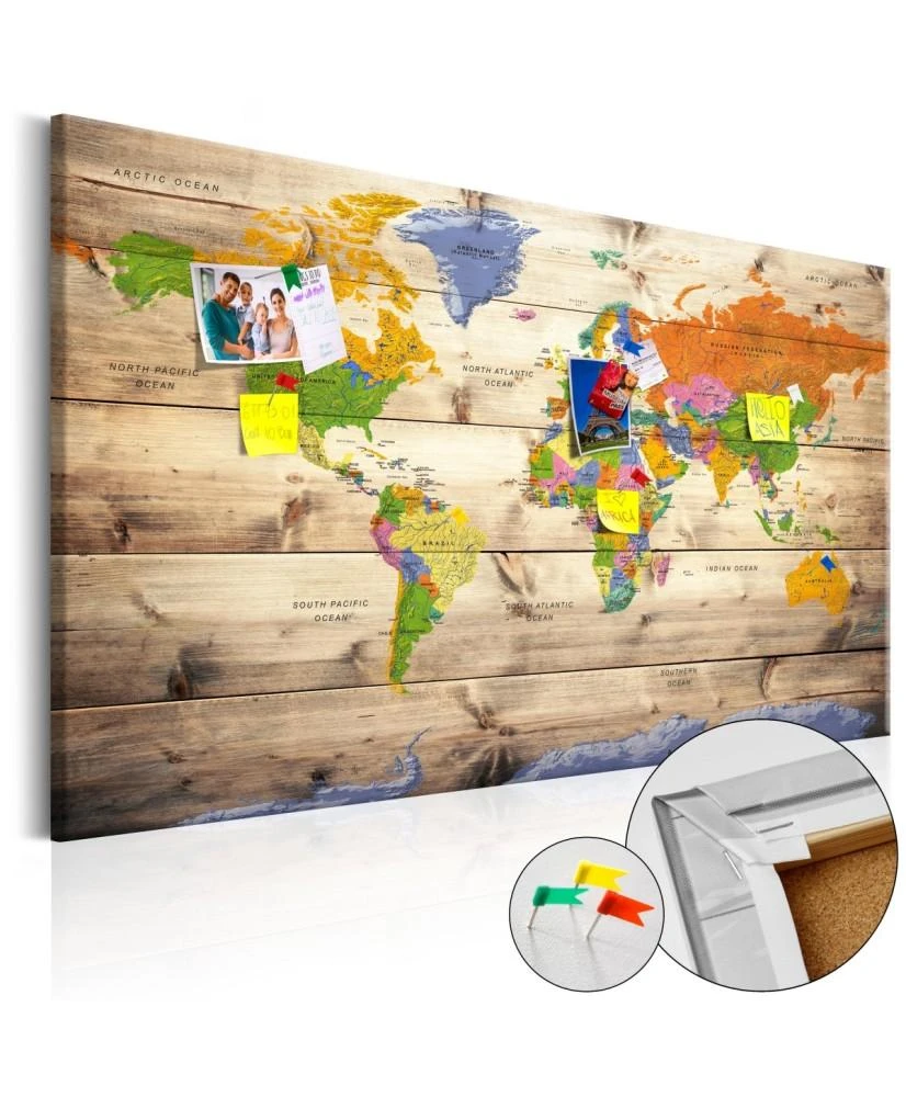 Artgeist Kamštinis paveikslas - Map on wood: Colourful Travels