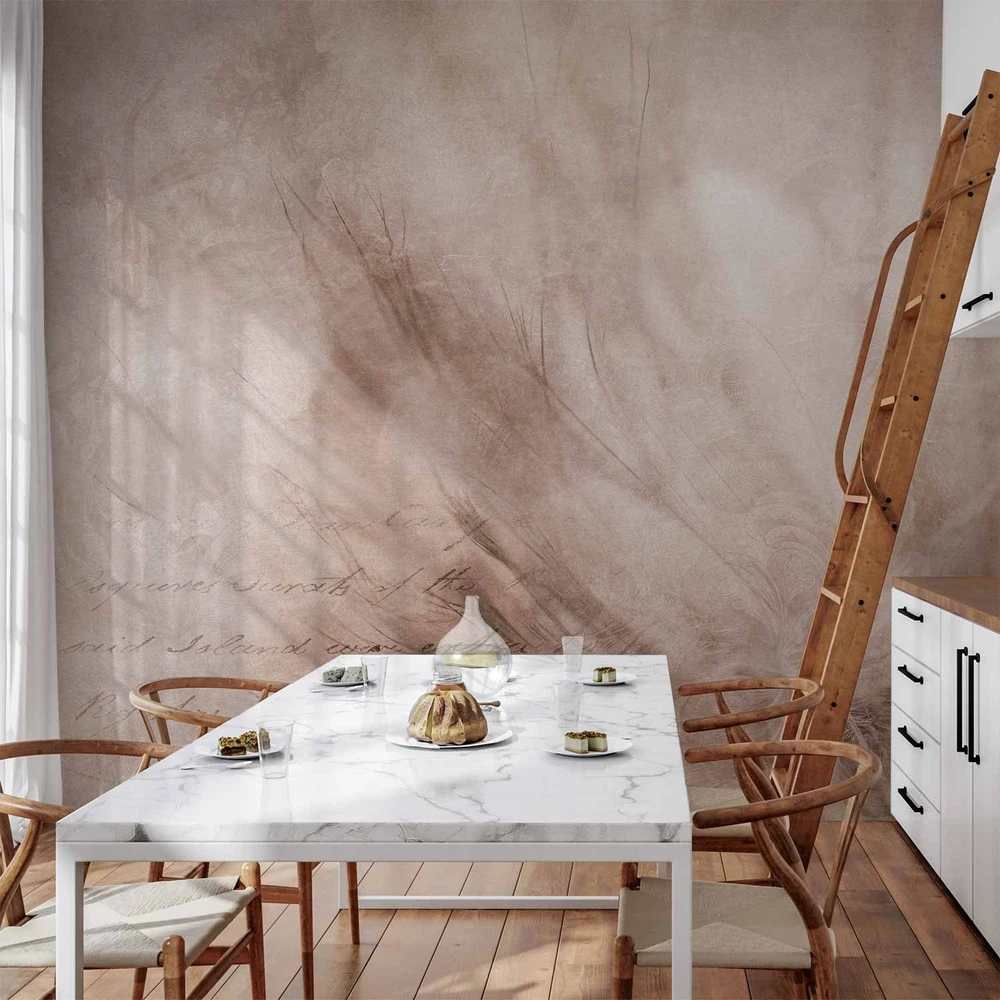 Fototapetai - Abstraktus skandi boho subtili kompozicija su užrašais ir gėlėmis