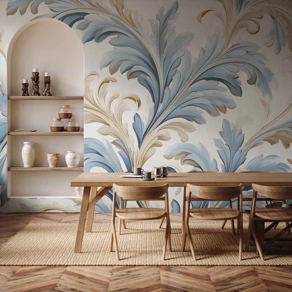 Fototapetai - Barokiniai ornamentai šviesiuose kreminės ir mėlynos tonuose