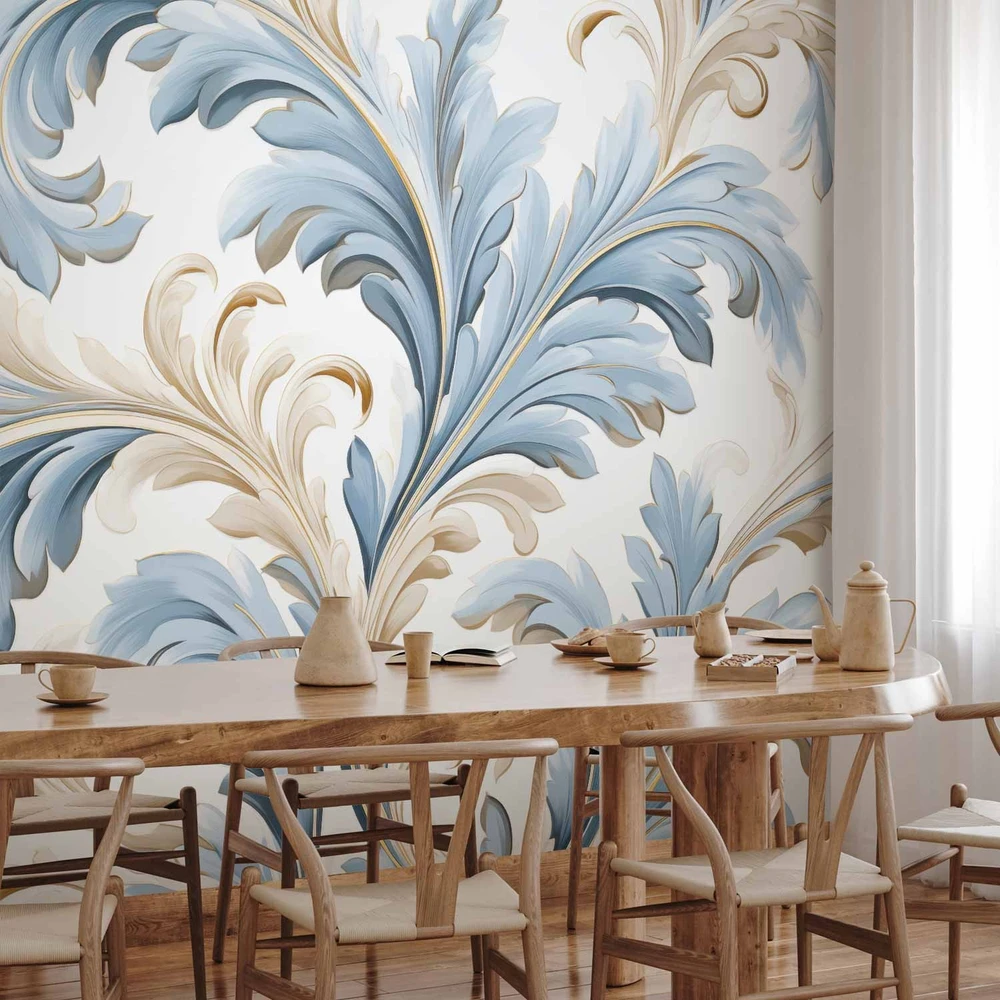 Fototapetai - Barokiniai ornamentai šviesiuose kreminės ir mėlynos tonuose