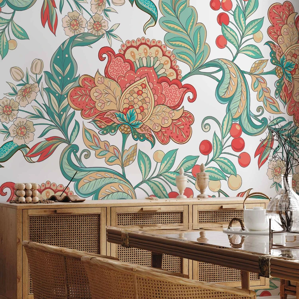 Fototapetai - Etninė augmenija spalvingų gėlių ornamentai