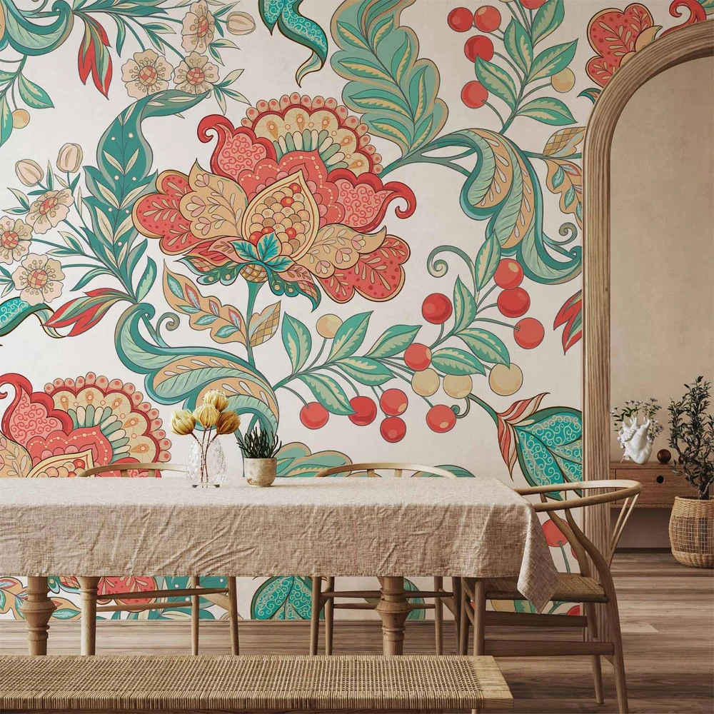 Fototapetai - Etninė augmenija spalvingų gėlių ornamentai