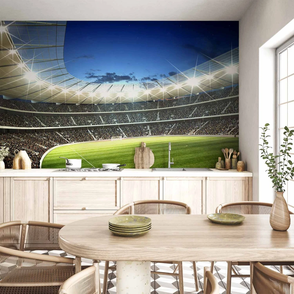 Fototapetai - Futbolo aikštė apšviestas stadionas su pilnomis tribūnomis