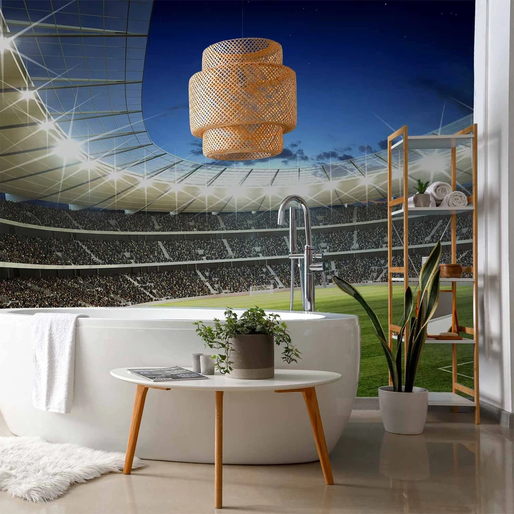 Fototapetai - Futbolo aikštė apšviestas stadionas su pilnomis tribūnomis