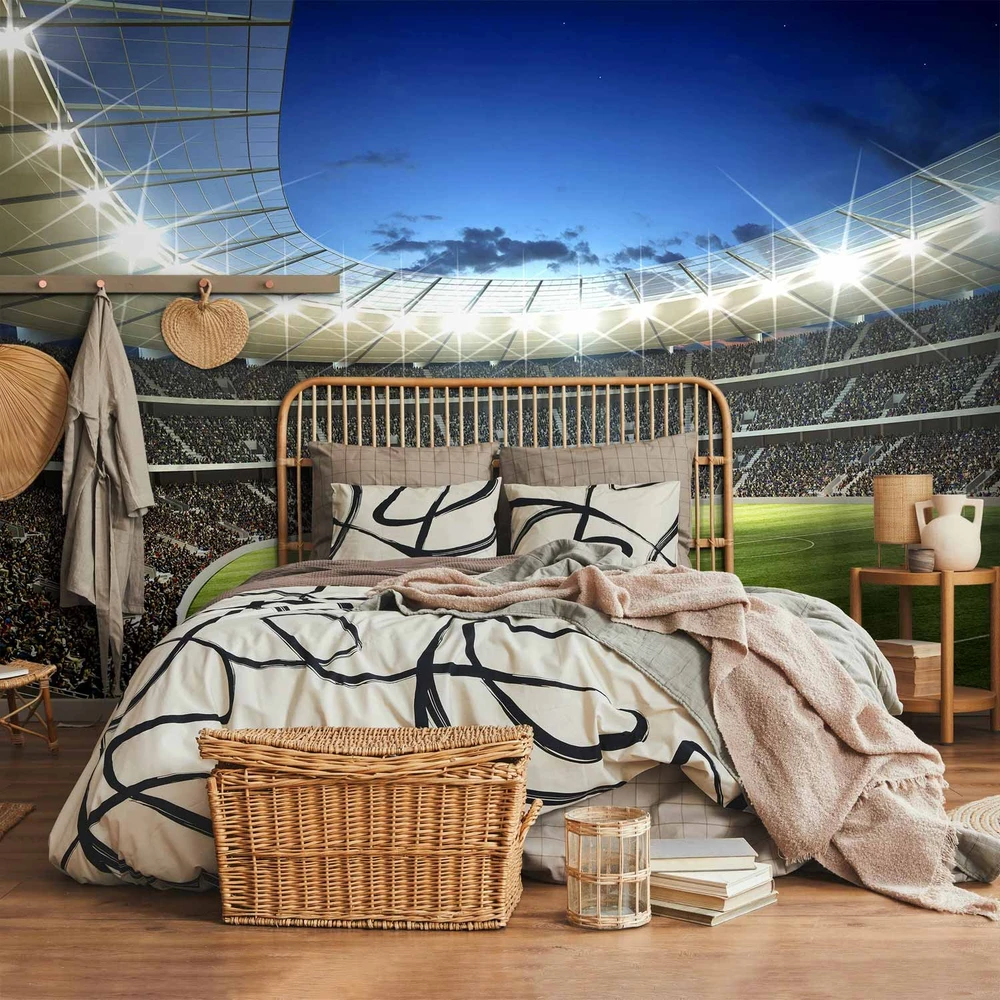 Fototapetai - Futbolo aikštė apšviestas stadionas su pilnomis tribūnomis