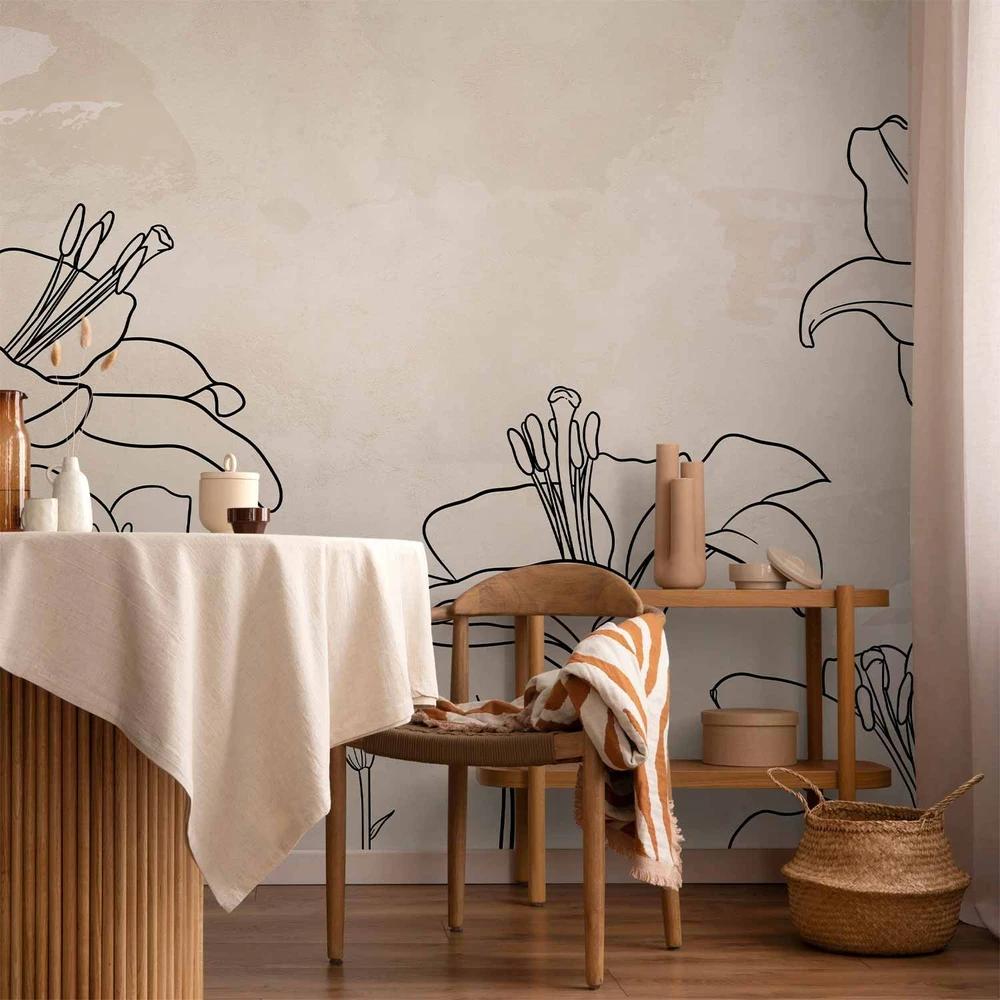 Fototapetai - Gamtos eskizas minimalistinė linijinė grafika su lelijomis