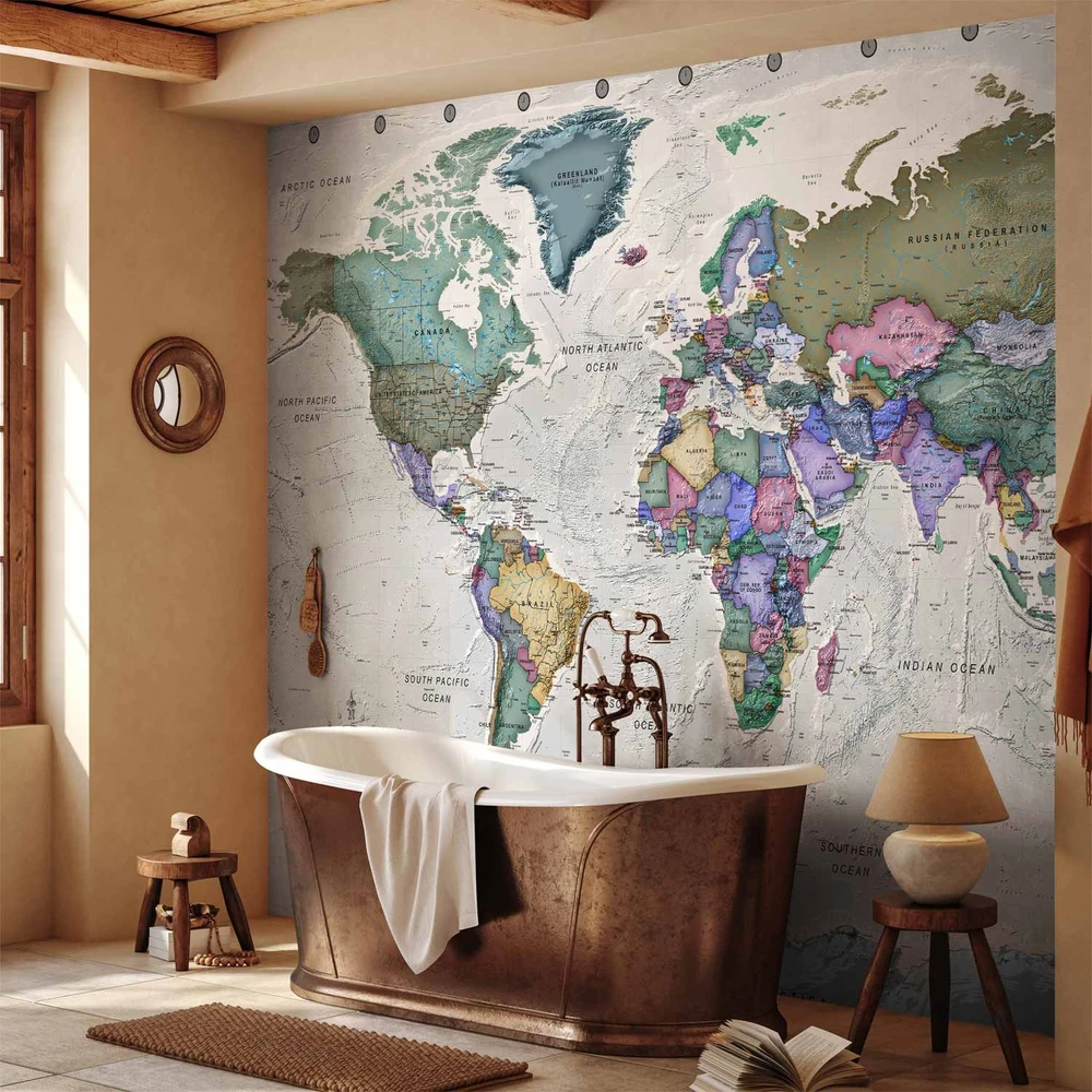 Fototapetai - Geografijos studija pasaulio žemėlapis su šalių pavadinimais anglų kalba