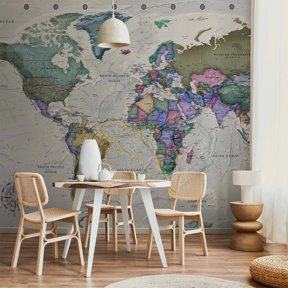 Fototapetai - Geografijos studija pasaulio žemėlapis su šalių pavadinimais anglų kalba