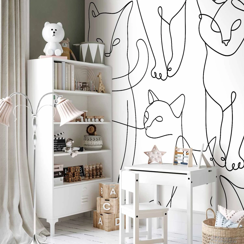 Fototapetai - Kačių linijinė grafika juodos katės baltame fone
