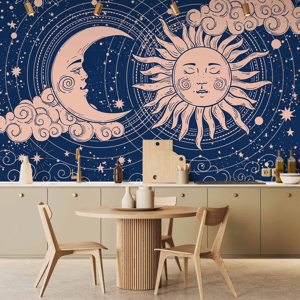 Fototapetai - Kosminė harmonija saulė ir mėnulis tamsiai mėlyname fone