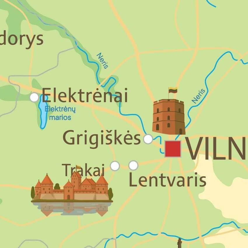 Fototapetai – Lietuvos žemėlapis su žymiausiomis vietomis, lietuvių kalba