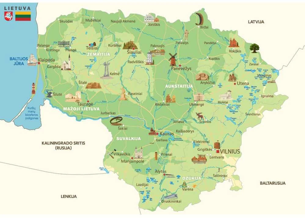 Fototapetai – Lietuvos žemėlapis su žymiausiomis vietomis, lietuvių kalba
