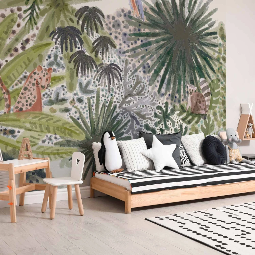 Fototapetai - Madagaskaro flora tropinis peizažas su akvareliniais gyvūnais