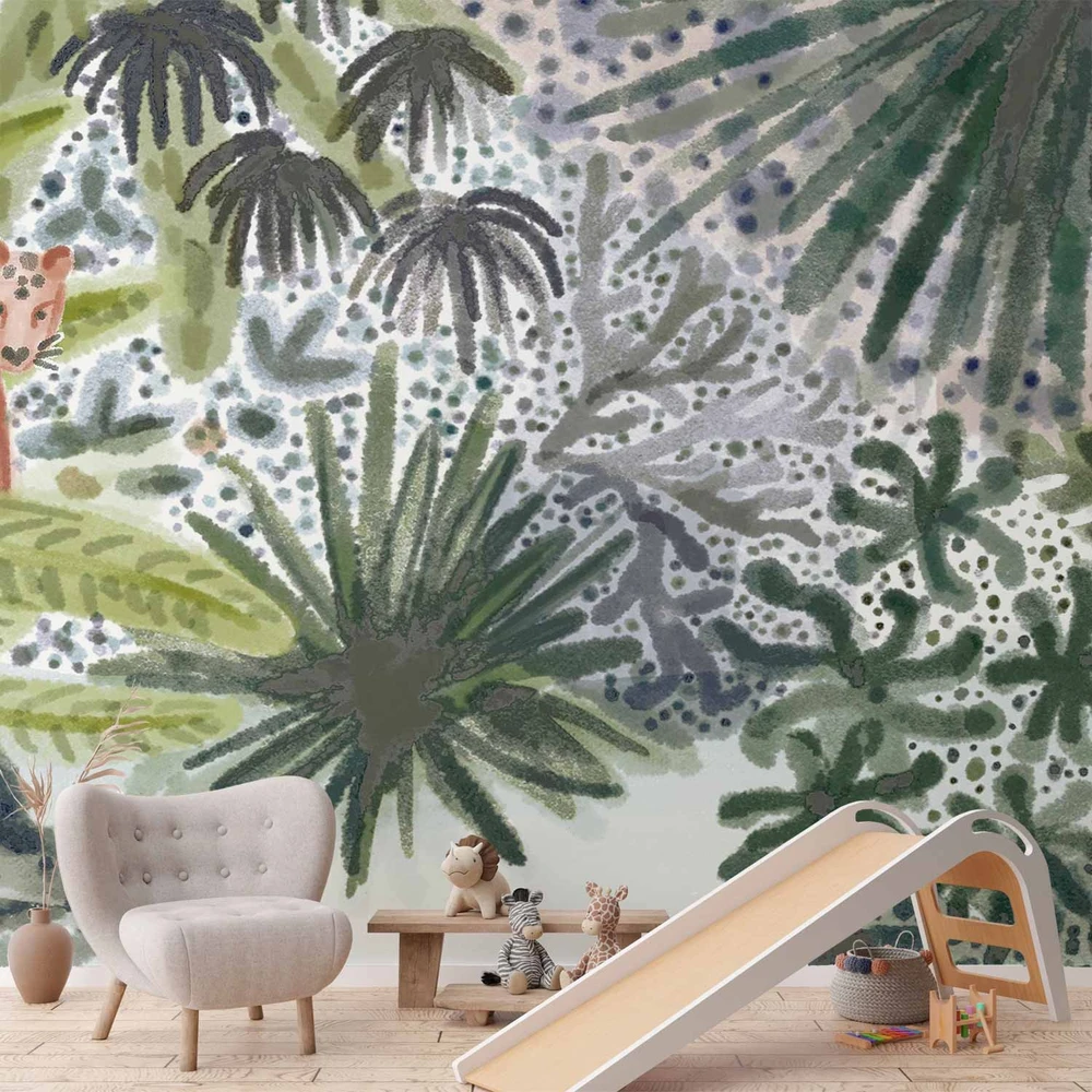 Fototapetai - Madagaskaro flora tropinis peizažas su akvareliniais gyvūnais