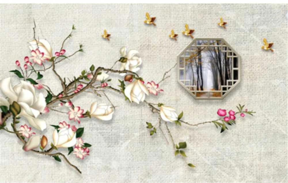 Fototapetai - Magnolija ir auksiniai paukščiai