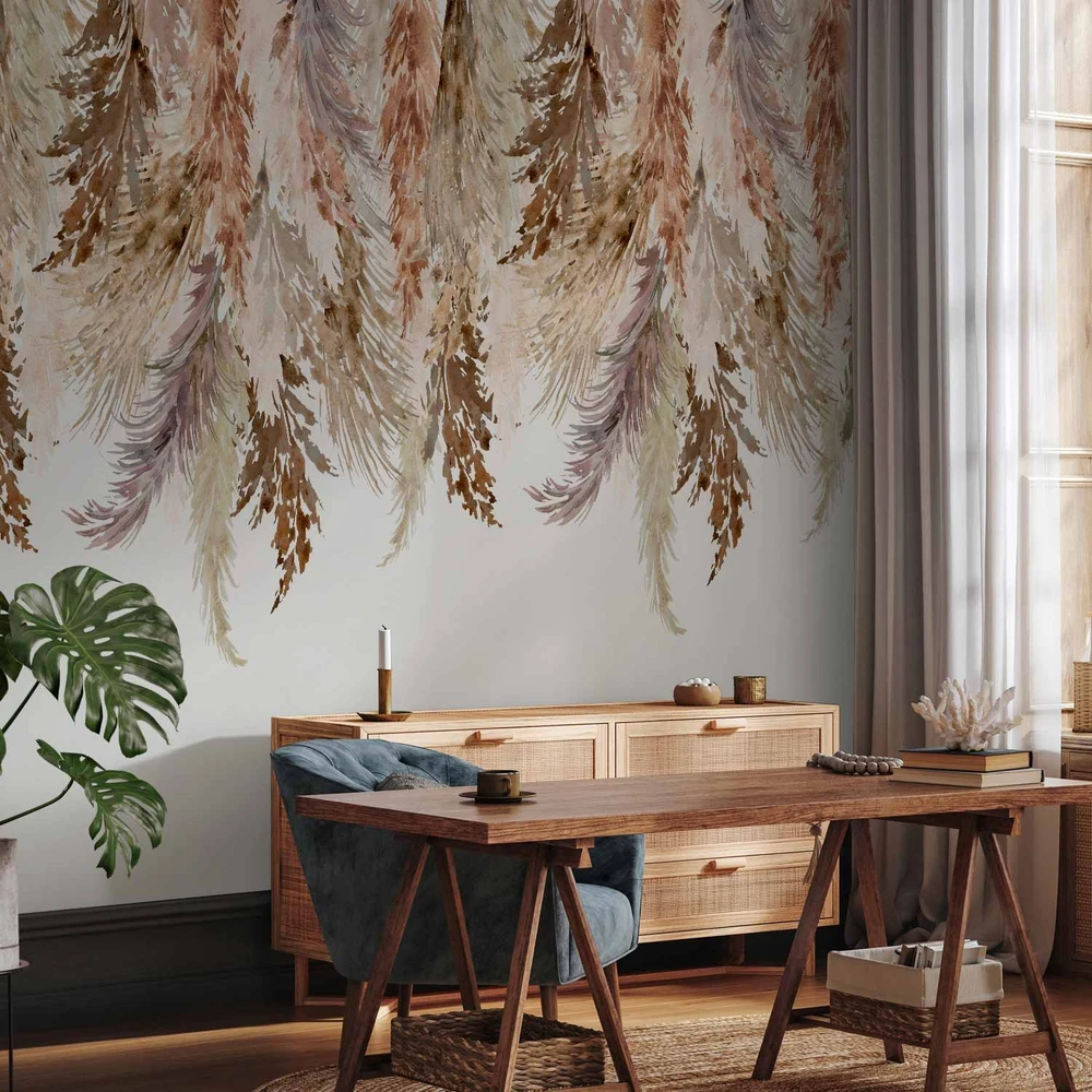 Fototapetai - Minimalistinis boho peizažas kabantys smėlio spalvos lapai