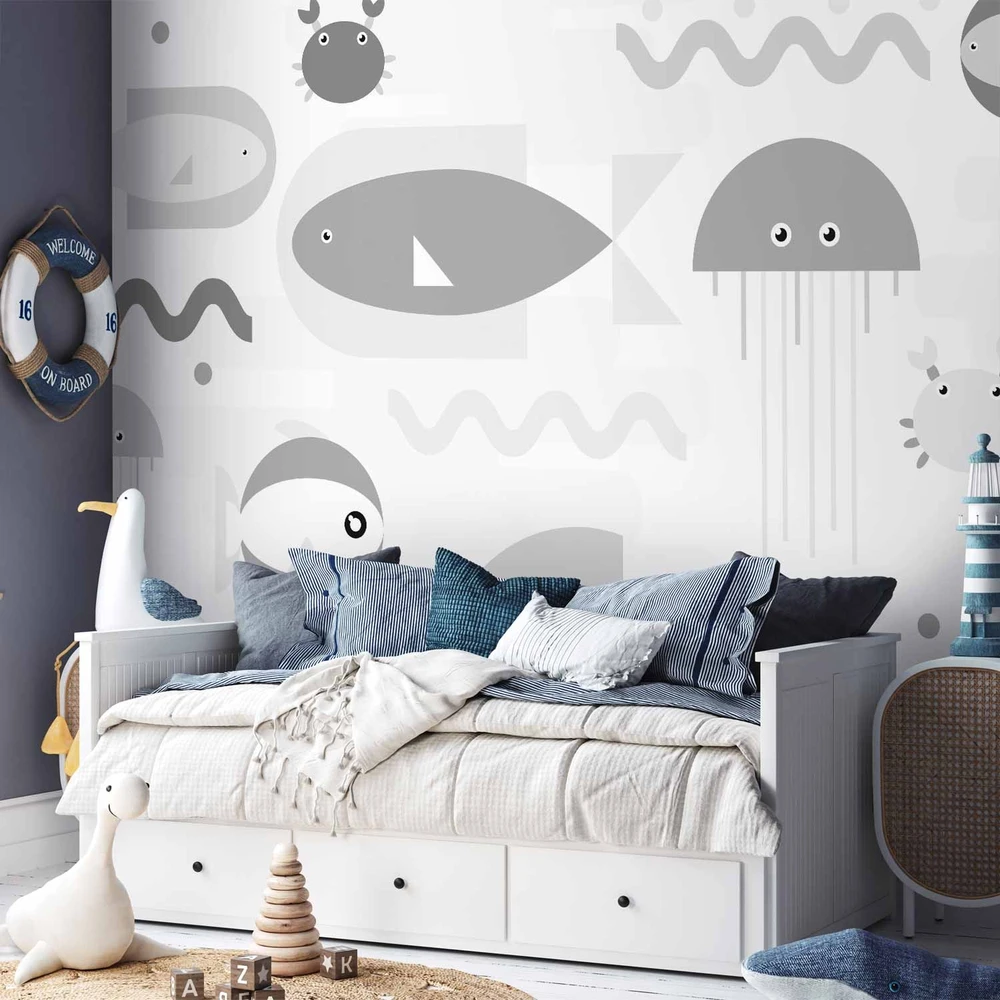 Fototapetai - Minimalistinis pilkas vandenynas geometrinės žuvys vaikams