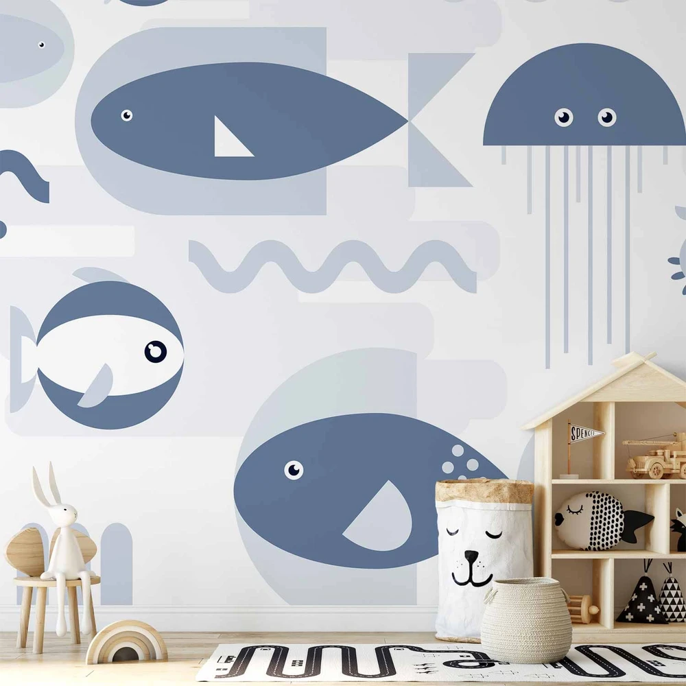 Fototapetai - Minimalistinis vandenynas geometrinės žuvys ir krabai vaikams