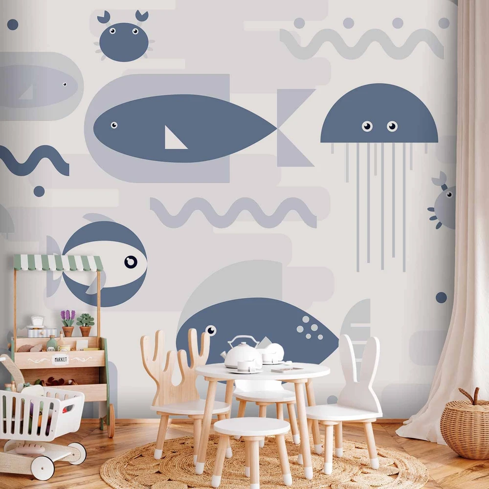 Fototapetai - Minimalistinis vandenynas geometrinės žuvys ir krabai vaikams