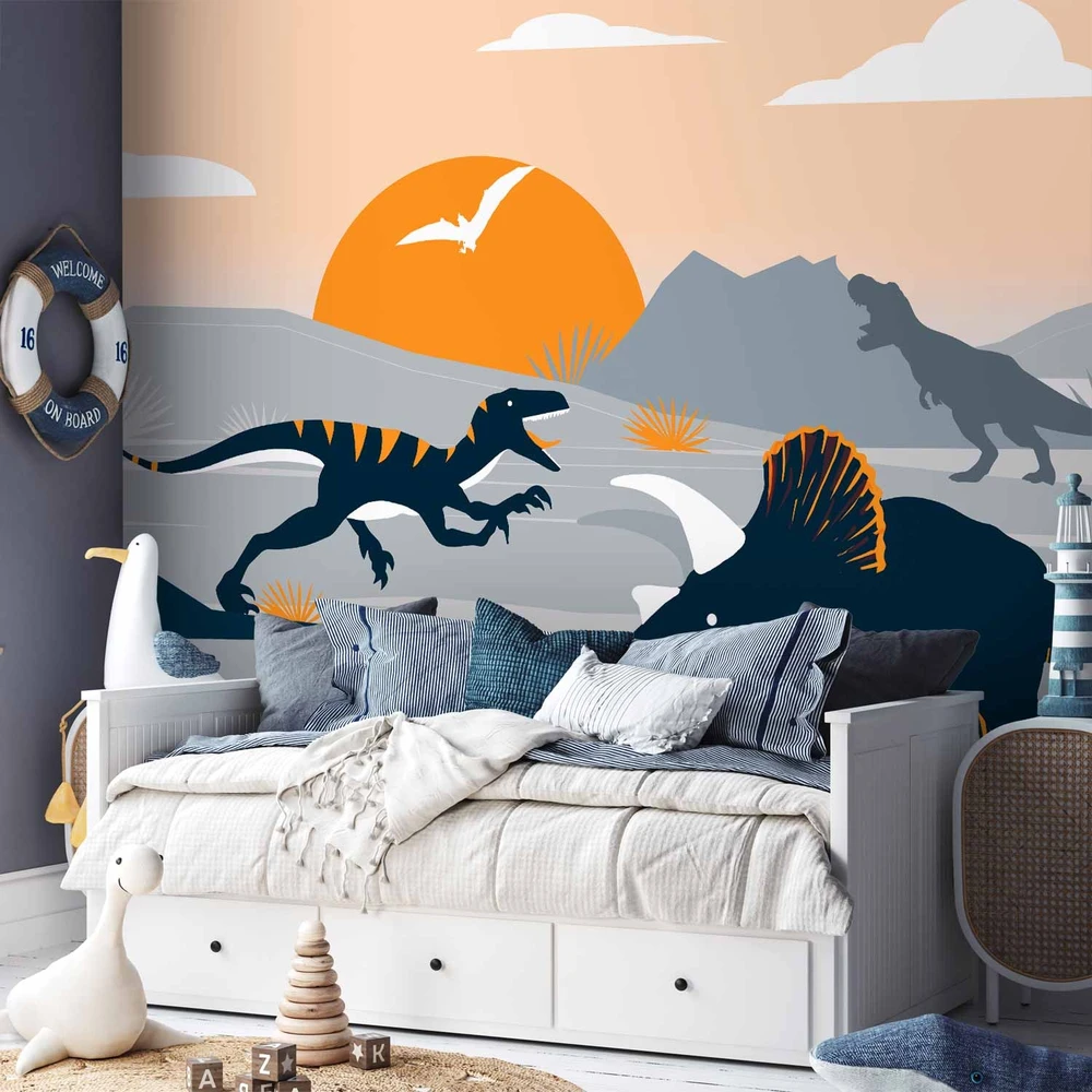 Fototapetai - Paskutiniai dinozaurai oranžiniame abstrakčiame peizaže