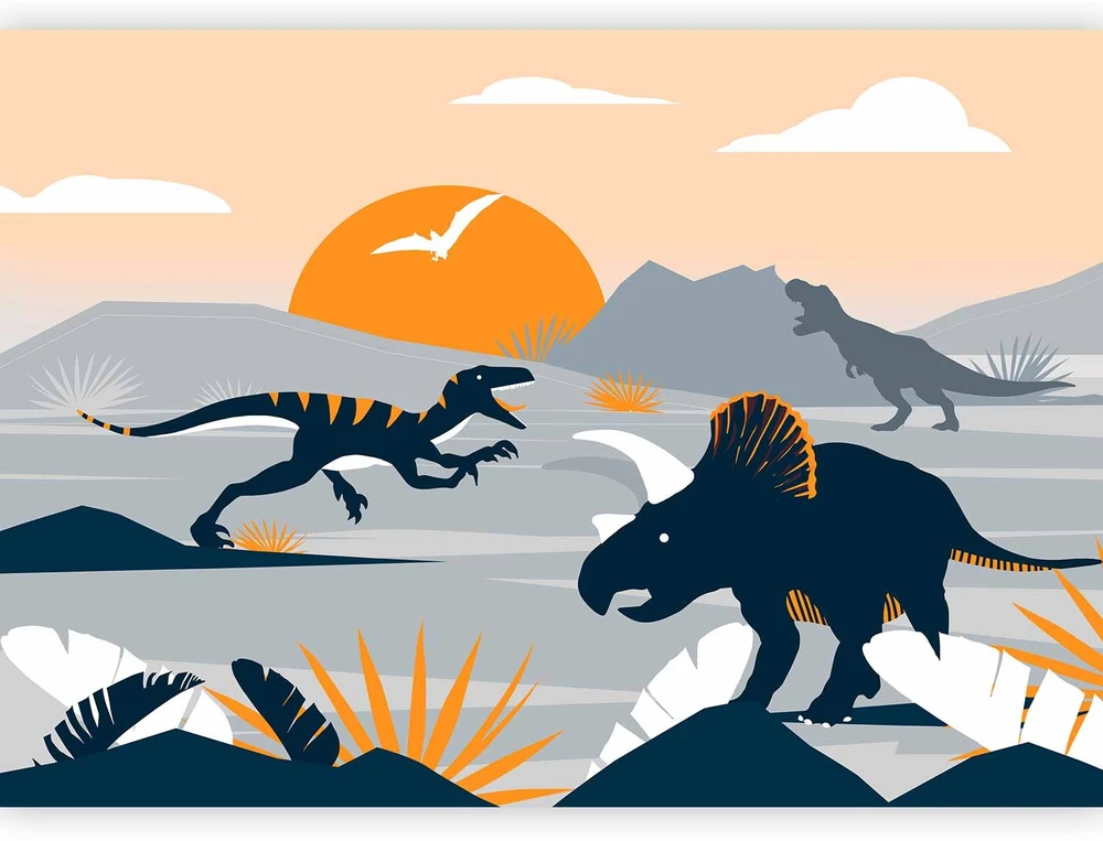 Fototapetai - Paskutiniai dinozaurai oranžiniame abstrakčiame peizaže