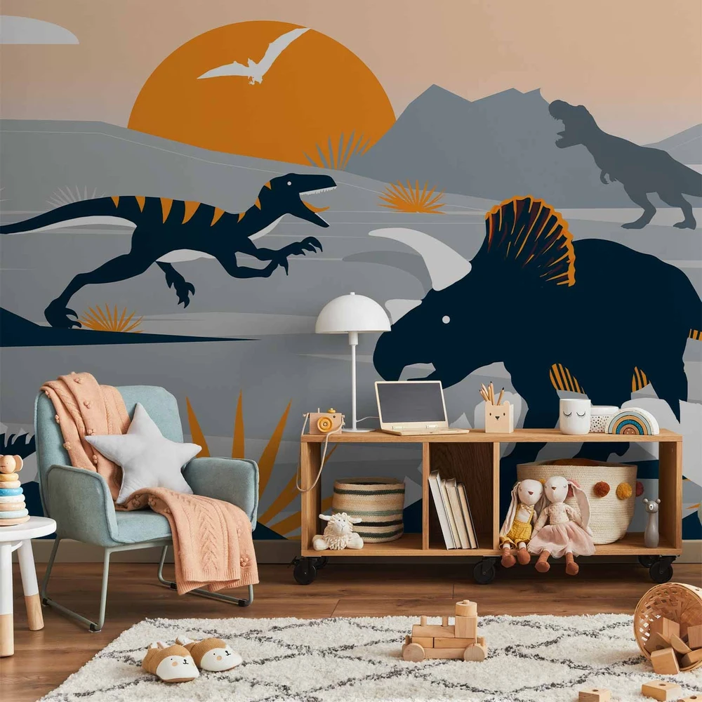 Fototapetai - Paskutiniai dinozaurai oranžiniame abstrakčiame peizaže