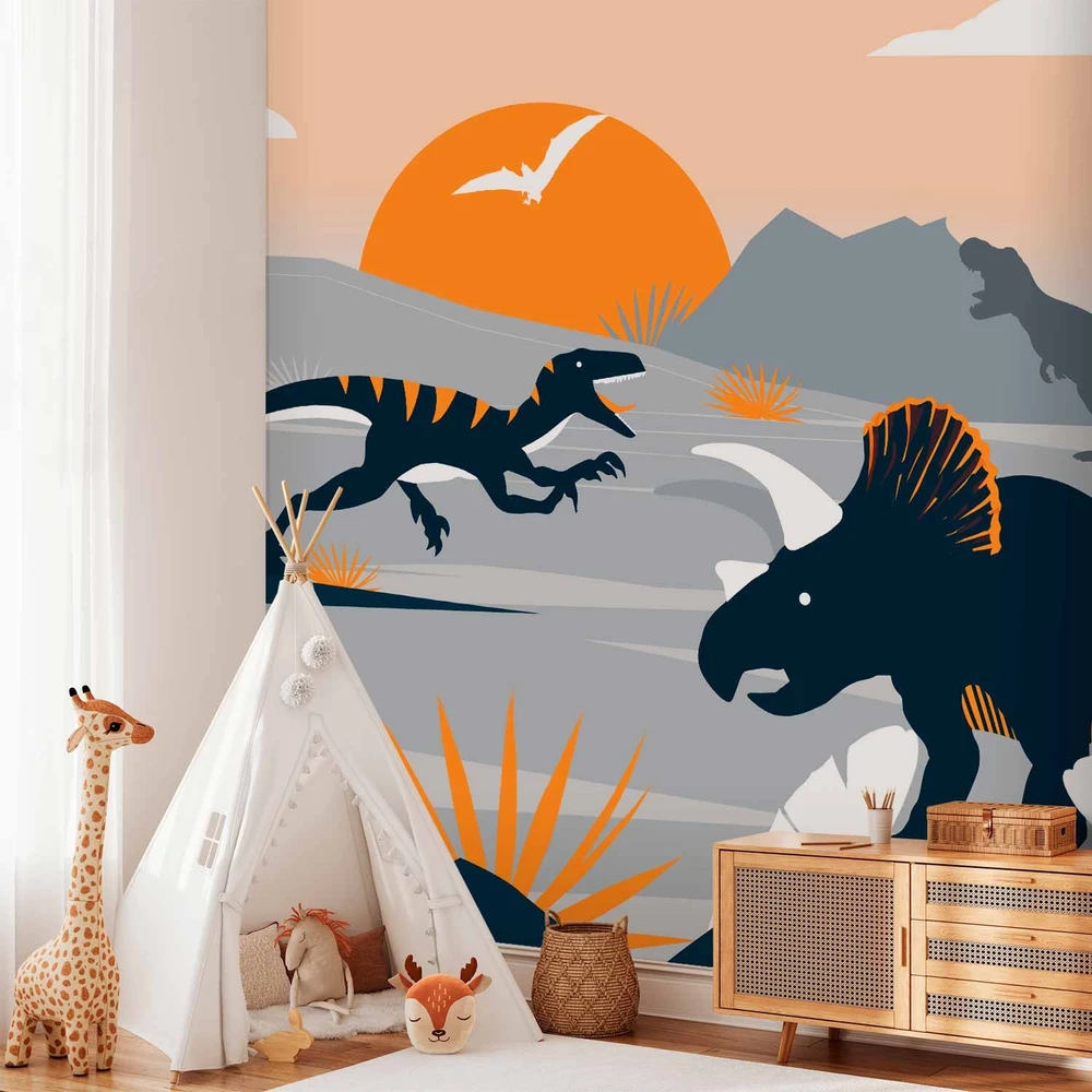 Fototapetai - Paskutiniai dinozaurai oranžiniame abstrakčiame peizaže