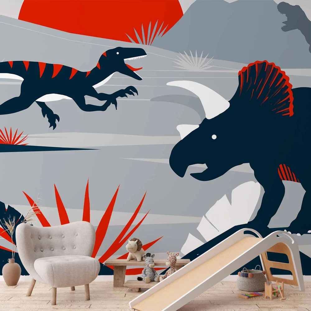 Fototapetai - Paskutiniai dinozaurai raudoname abstrakčiame peizaže