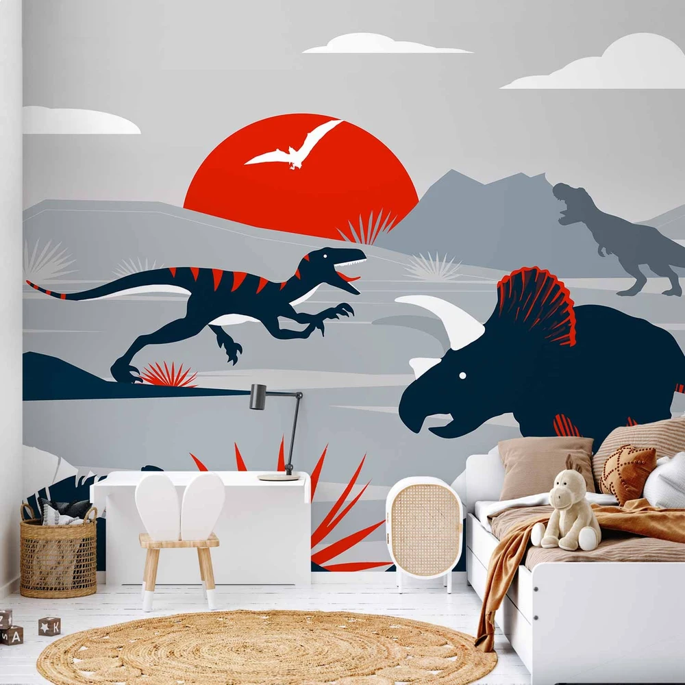 Fototapetai - Paskutiniai dinozaurai raudoname abstrakčiame peizaže