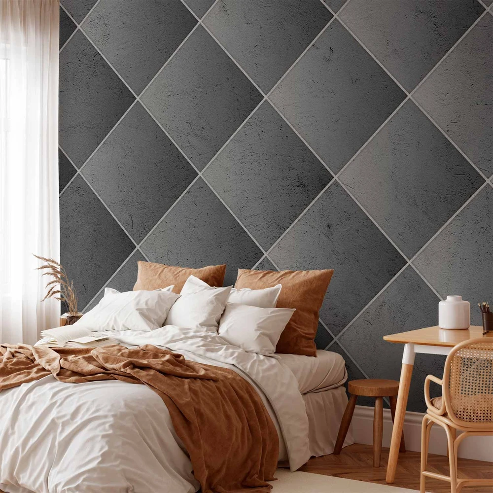 Fototapetai - Pilka simetrija geometrinis betono raštas su baltomis jungtimis