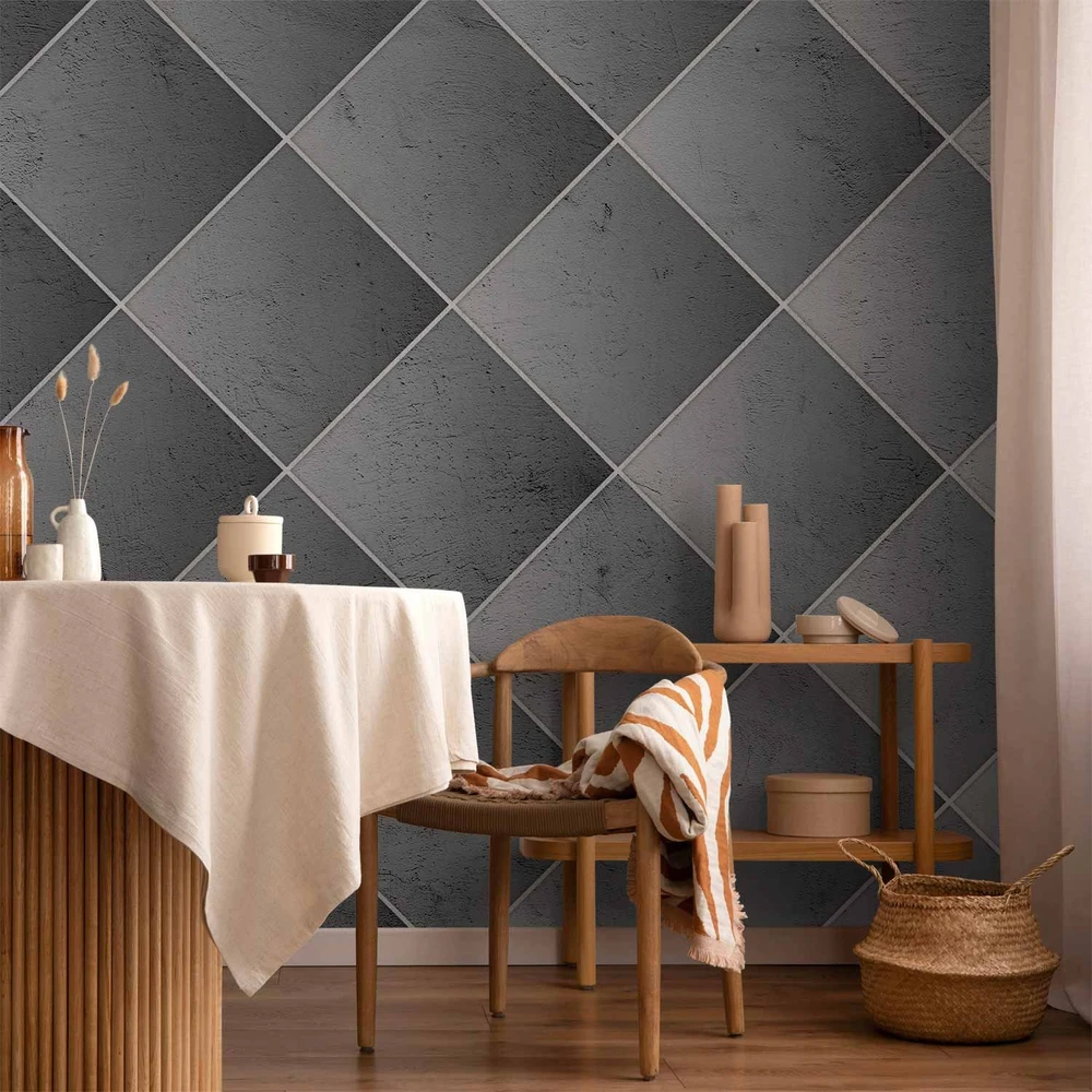 Fototapetai - Pilka simetrija geometrinis betono raštas su baltomis jungtimis