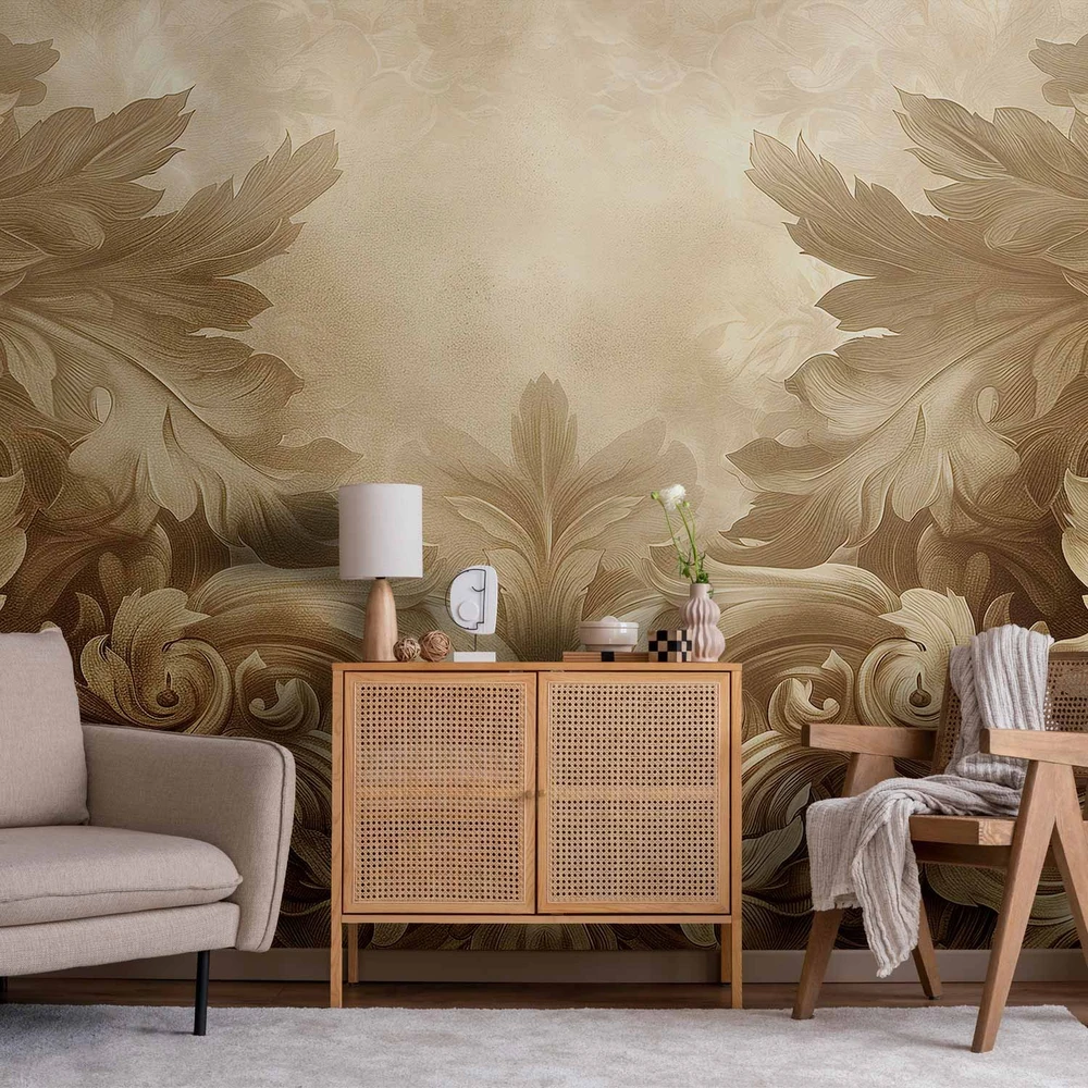 Fototapetai - Raižyti barokiniai ornamentai sodri sepijos kompozicija