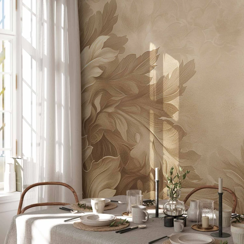 Fototapetai - Raižyti barokiniai ornamentai sodri sepijos kompozicija