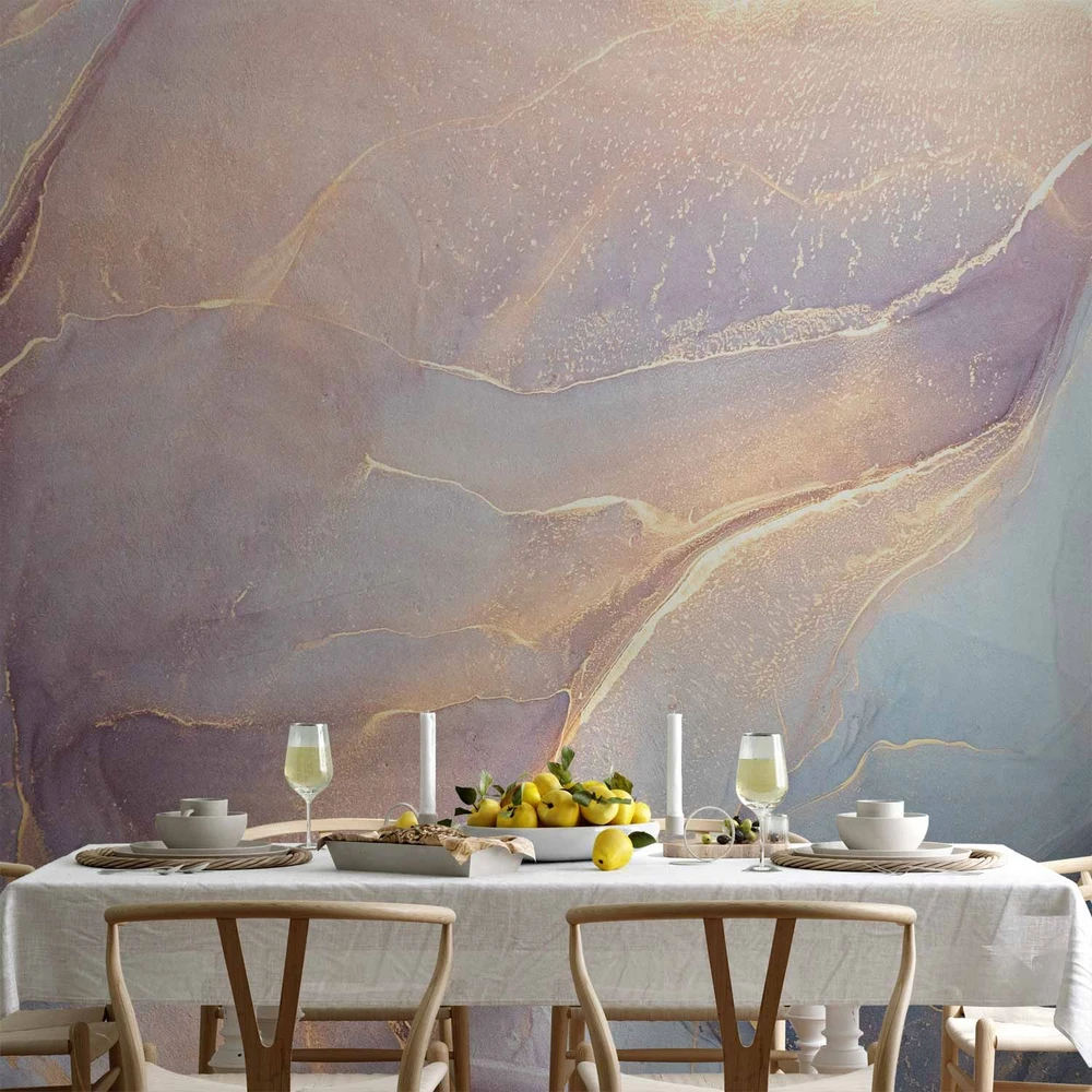 Fototapetai - Rožinis ir mėlynas marmuras akvarelinė abstrakcija su aukso akcentu