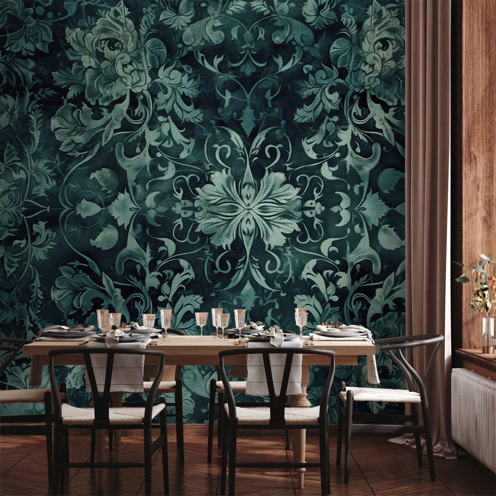Fototapetai - Rytietiškas kilimo raštas smaragdiniai ornamentai ir sendinti raštai