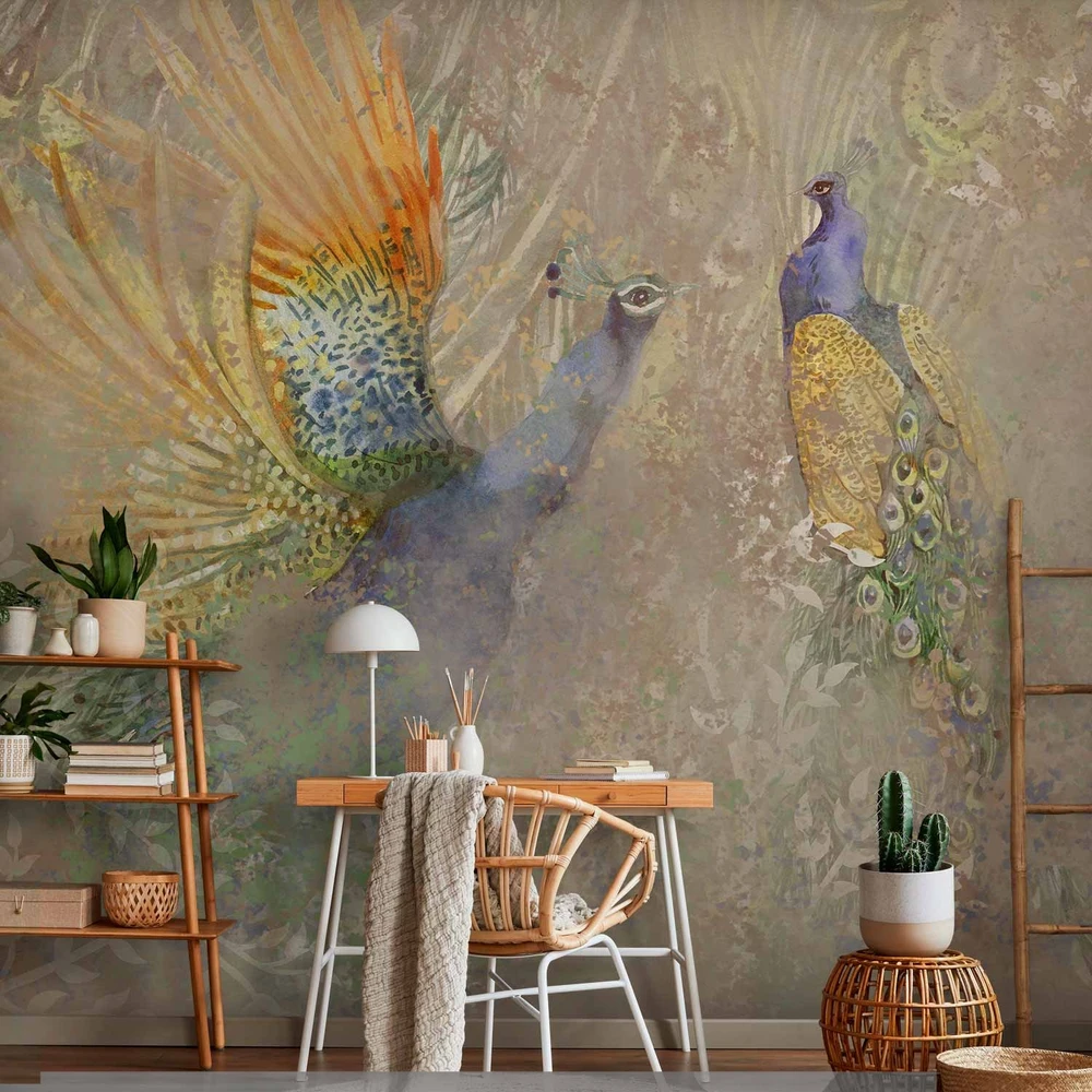 Fototapetai - Šokantys povai paukščių motyvas ornamentų fone