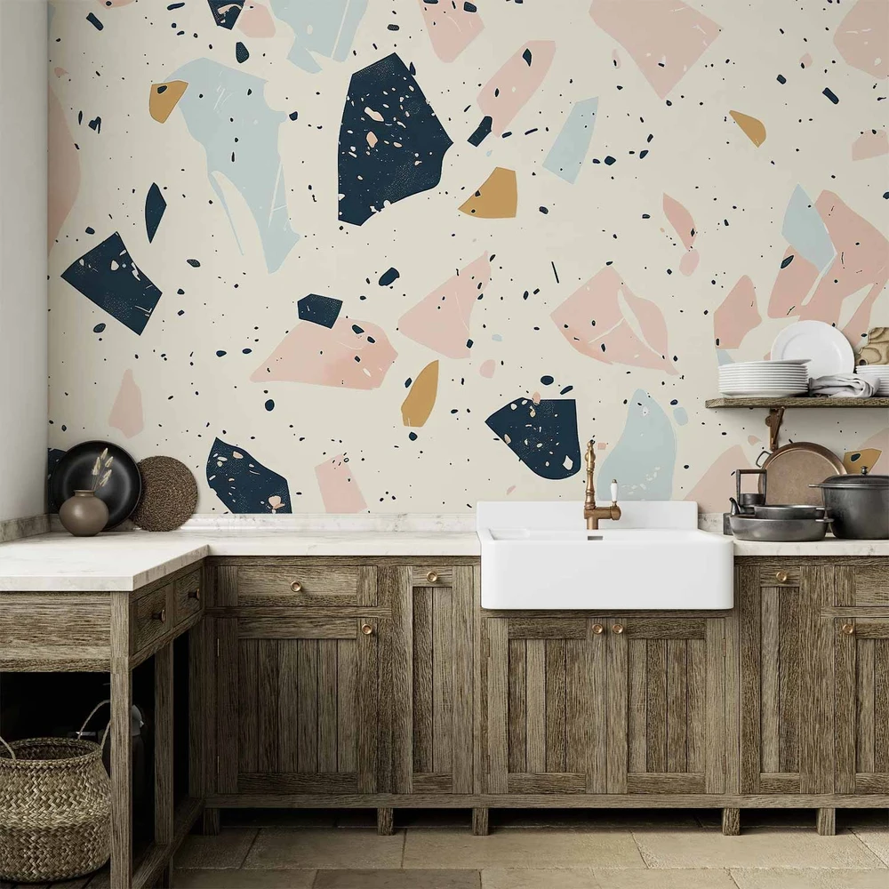 Fototapetai - Terrazzo su dideliais prislopintų spalvų akmenimis