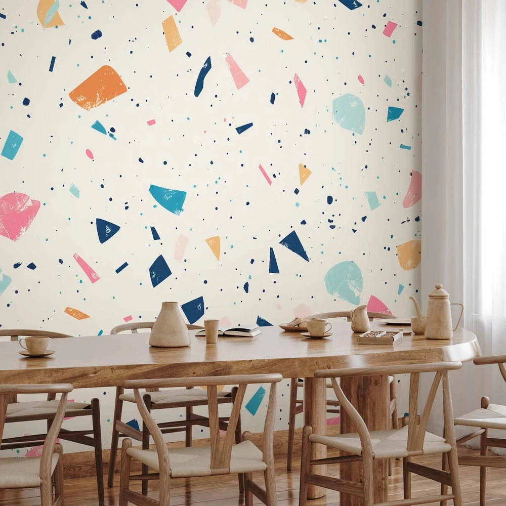 Fototapetai - Terrazzo su dideliais spalvotais elementais šviesiame fone