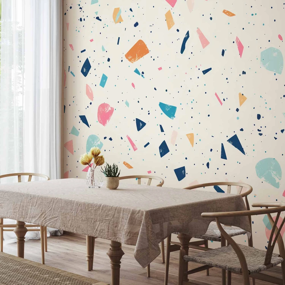 Fototapetai - Terrazzo su dideliais spalvotais elementais šviesiame fone