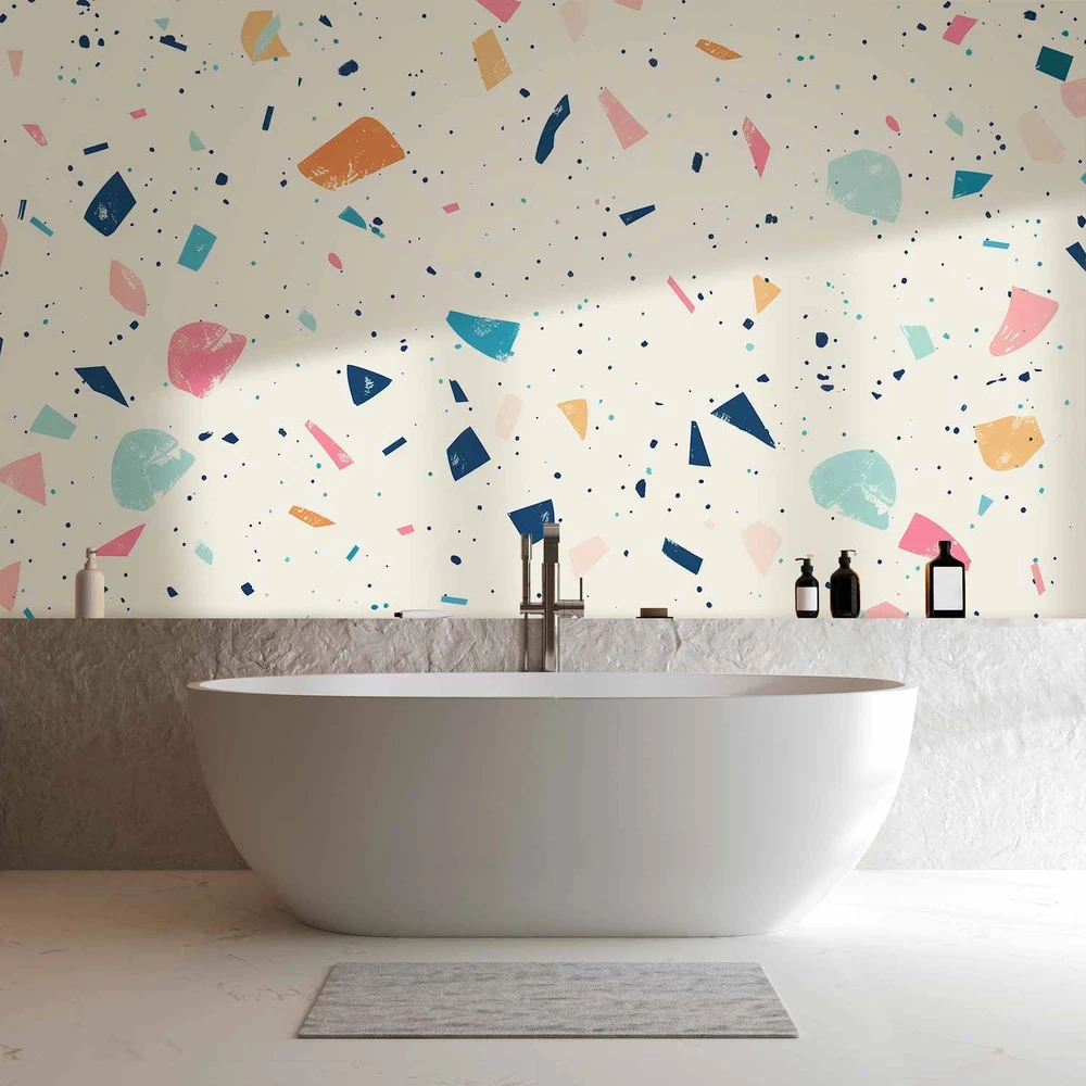 Fototapetai - Terrazzo su dideliais spalvotais elementais šviesiame fone