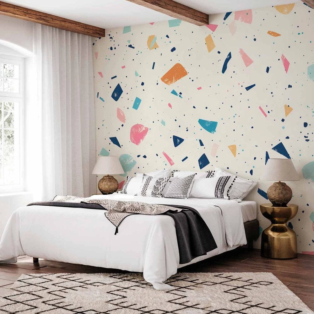 Fototapetai - Terrazzo su dideliais spalvotais elementais šviesiame fone
