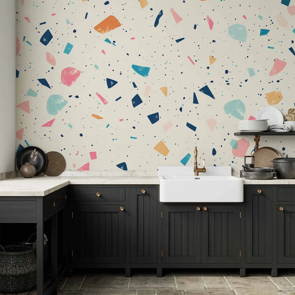 Fototapetai - Terrazzo su dideliais spalvotais elementais šviesiame fone