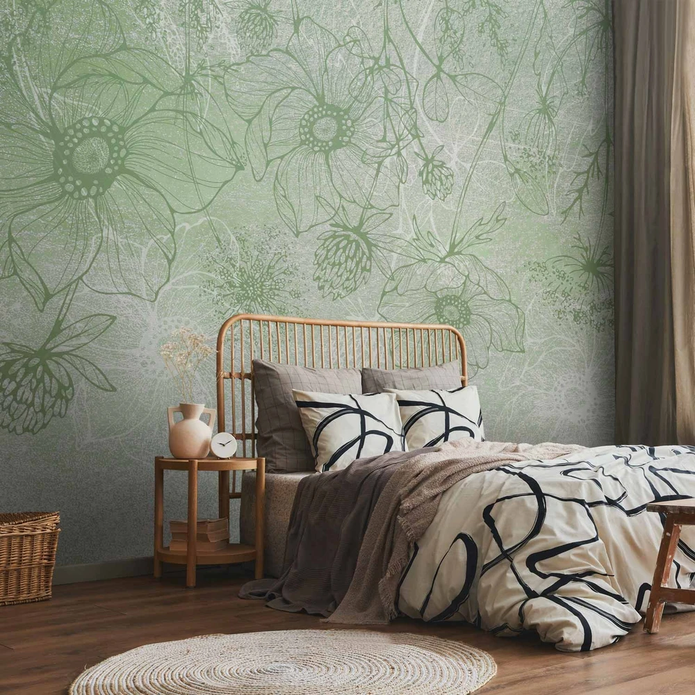 Fototapetai - Žydinti pieva linijinė gėlių grafika žaliame fone