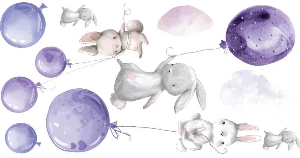 Interjero lipdukas - Kiškiai ir violetiniai balionai