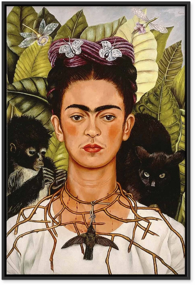 Paveikslas Frida Kahlo - Autoportretas su erškėčių vėriniu ir kolibriu