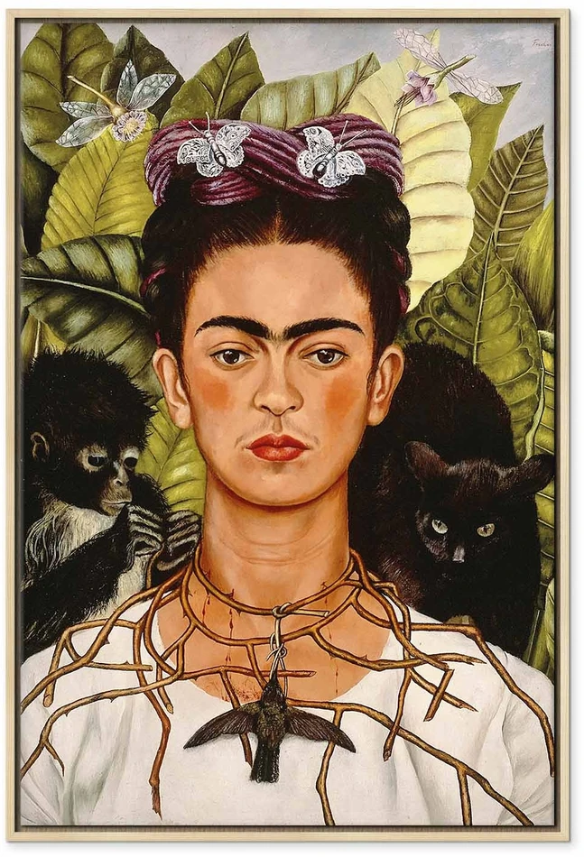 Paveikslas Frida Kahlo - Autoportretas su erškėčių vėriniu ir kolibriu