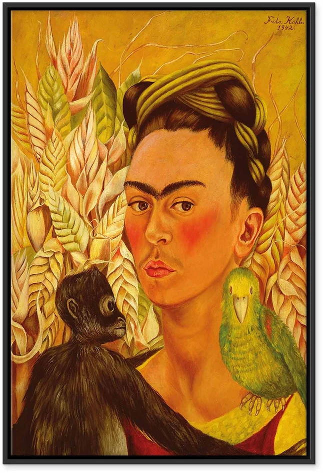 Paveikslas Frida Kahlo - Autoportretas su beždžione ir papūga