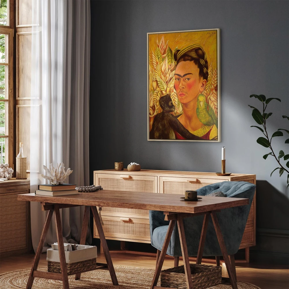 Paveikslas Frida Kahlo - Autoportretas su beždžione ir papūga