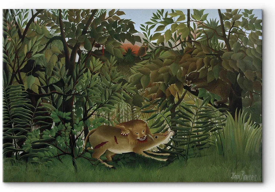 Paveikslas Henri Rousseau - Alkanas liūtas puola antilopę