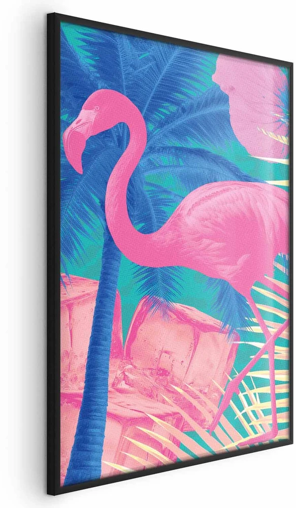 Paveikslas - Rožinis flamingas - abstraktus flamingas palmių ir ledo kubelių fone